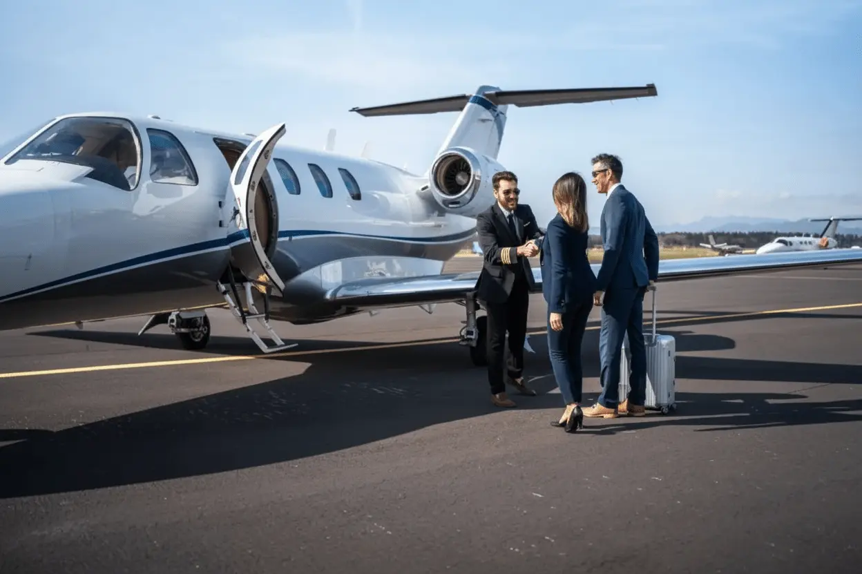 Avion privé sur piste avec un pilote accueillant deux passagers